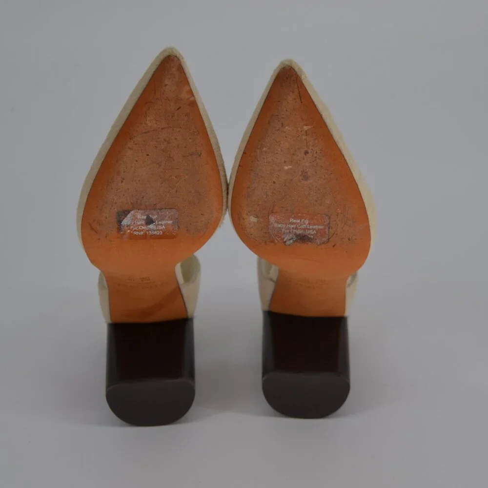 Vince Prim D'Orsay Calf Hair Pointed Toe Pump Cream Stacked Block Heel Size 7 - Picture 6 of 7